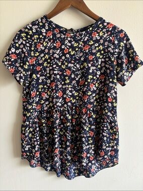 Roolee Navy Ditsy Floral Peplum Top Small Boho Feminine Blouse